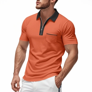 Herren Golf-Poloshirt in Orange mit schwarzem Kontrastkragen und Reißverschluss