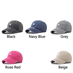Washed cotton baseball cap with letter M embroidery in five colors for outdoor wear