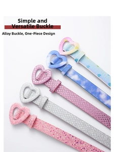 Detailed view of children's PU belts with heart-shaped alloy buckles in various colors