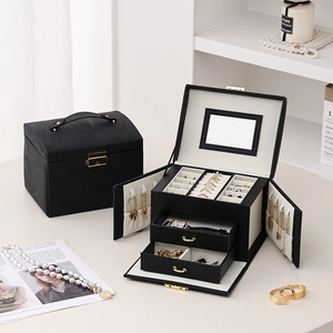 Three-layer black leather jewelry box with mirror and metal lock for rings and watches