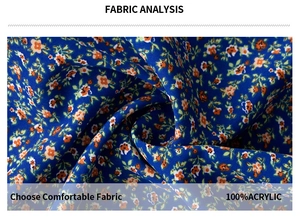 Vue macro du tissu floral bleu et détail de l'analyse du matériau 100% acrylique