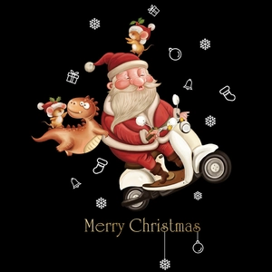Christmas toilet lid sticker with Santa and dinosaur on a scooter over dark background