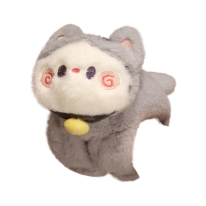 Cute gray and white plush cat slap bracelet with pink cheeks and yellow bell