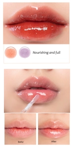 Detail view of pink and purple gloss with nourishing finish and before-after effect