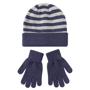Detail of kids striped knit hat and solid navy blue gloves set with ribbed texture