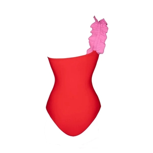 Detail of one-shoulder red swimsuit with decorative pink ruffled strap and smooth fabric