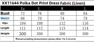 Detailed size chart for linen polka dot midi dress showing measurements in centimeters