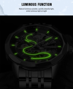 Detail showing green luminous watch hands and markers on a black mechanical watch