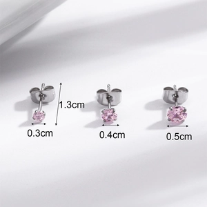 Detailed size comparison of pink round zircon stainless steel studs in 3mm, 4mm, and 5mm