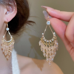 Close-up of teardrop fringe earrings with champagne beads and sparkling rhinestones