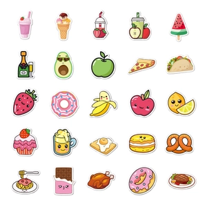 Close-up of 25 cute waterproof food and drink cartoon stickers with vibrant colors