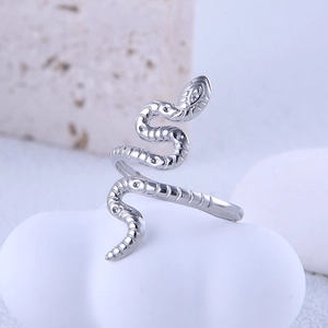 Minimalist silver snake-shaped open ring in polished stainless steel with scale textures
