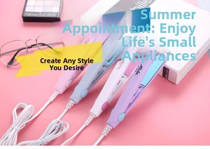 Close-up of colorful mini hair straighteners in macaron pink, blue, white, and purple