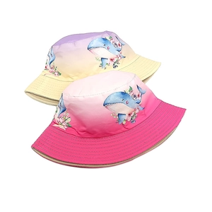 Reversible bucket hat for kids with gradient colors and whale floral prints