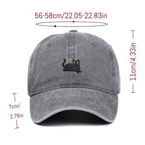 Detaillierte Größentabelle für gewaschene graue Baseballkappe mit schwarzer Katzenstickerei