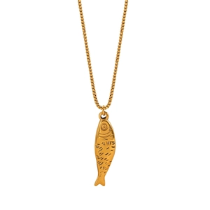 Detailed view of golden koi fish pendant with intricate scales on a box chain necklace