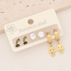 Three-pair stainless steel earring set with black cloud, zircon, and Hamsa Hand charms