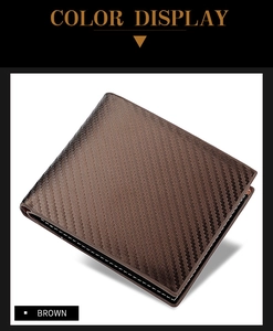 Detailed close-up of brown carbon fiber texture and stitching on men's bifold wallet
