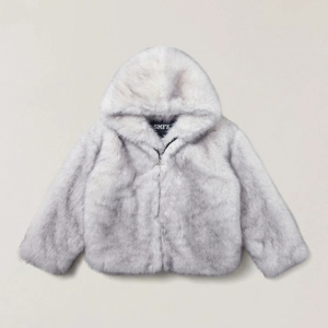 Detailed close-up of fuzzy faux fur texture and branded zipper on grey hooded jacket