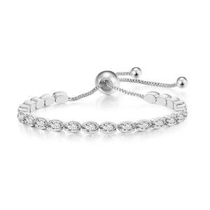 Macro view of adjustable tennis bracelet featuring marquise-cut cubic zirconia stones