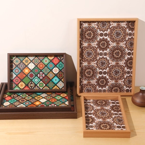 Bohemian wooden serving trays with vintage mosaic and mandala floral patterns