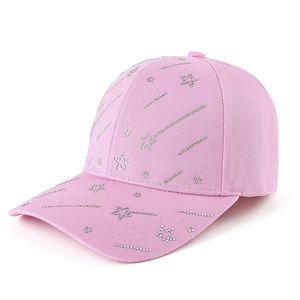 Detail view of pink cotton baseball cap with sparkling rhinestone star and meteor patterns