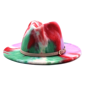 Stylish tie-dye rainbow fedora hat with flat brim and decorative leather belt buckle