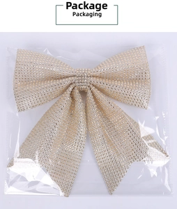 Detailed view of champagne gold glitter Christmas bow ornament in original packaging