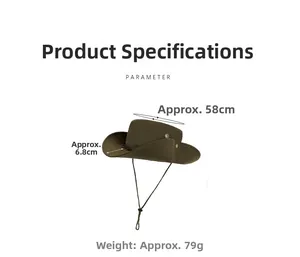 Detailed dimensions of the green sun hat with 58cm head circumference and 6.8cm wide brim