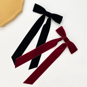 French vintage velvet bow hair clips with long ribbons in black and burgundy colors