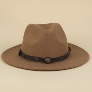 Detail of dark brown wool fedora featuring a leather band with vintage brass buckles