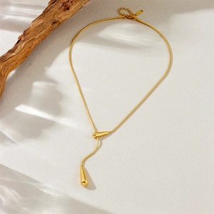 Elegant gold stainless steel snake chain necklace with Y-shaped water drop pendants