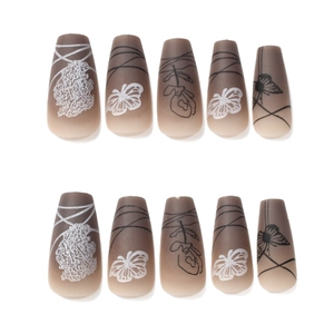 Brown gradient long coffin press-on nails with white butterfly and floral art designs
