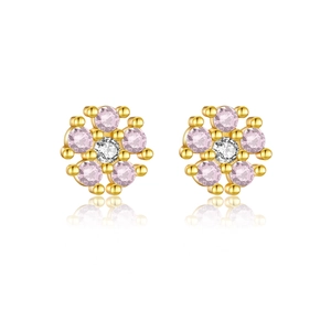 Elegant s925 silver needle floral earrings with pink and white crystal zircon stones