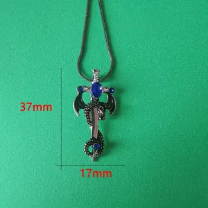 Collier épée dragon rétro avec pierres bleues pour couples, pendentif argent de 37mm