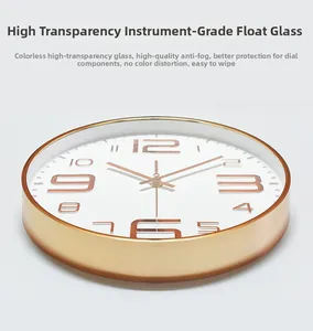 Macro detail of silent wall clock with rose gold frame and 3D embossed numeric scale