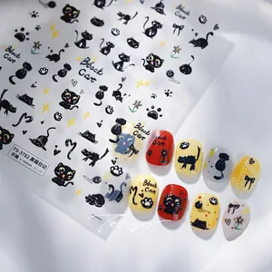 5D embossed nail stickers featuring black cat diary patterns with 3D relief texture