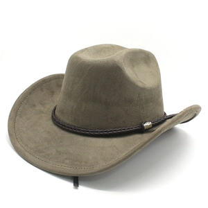 Detail of faux suede cowboy hat with braided brown band and silver metal buckle