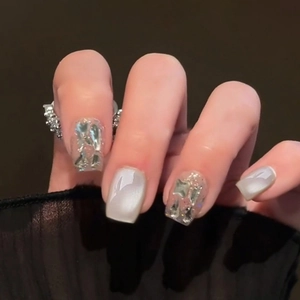 Silver Gray Cat Eye Press On Nails With Rhinestones Sparkly Short Square Oval Chic Glossy False Nails For Women Manicure