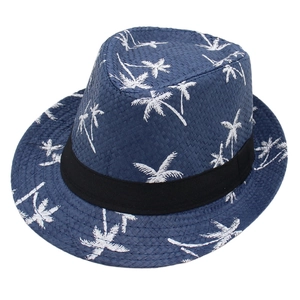 Fedora Straw Hat Palm Tree Print Sun Protection Beach Vacation Summer Holiday Ribbon Trim For Men Women