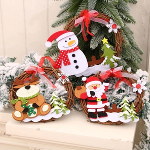 Christmas wooden rattan wreaths featuring Santa, Snowman, and Reindeer on a cozy mantel