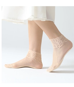 Detail of sheer beige tulle socks featuring delicate lace embroidery at the ankle and toe