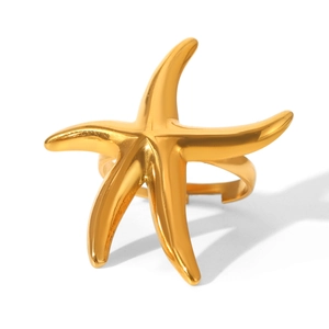 Polished gold starfish open ring in stainless steel with a minimalist ocean inspired design
