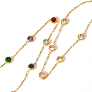 Minimalist gold station chain bracelet with colorful round bezel-set zircon gemstones