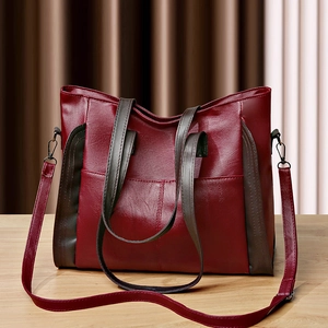 Women Large Capacity Tote Bag Soft PU Leather Minimalist Shoulder Handbag Color Block Commuter Vintage Style