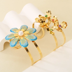 Chic gold-plated double-layer open flower cuff bracelet with colorful crystals and pearls