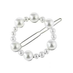 Irregular round pearl hair clip with white faux pearls and silver metal base