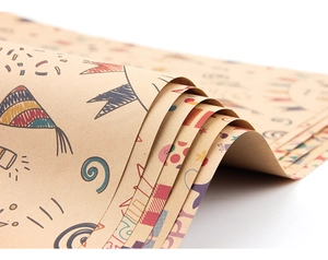 Macro detail of kraft gift paper with festive flags pattern and durable paper texture