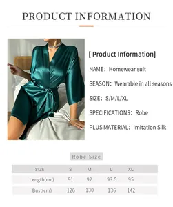 Guide des tailles détaillé pour peignoir en satin vert émeraude avec mesures S-XL