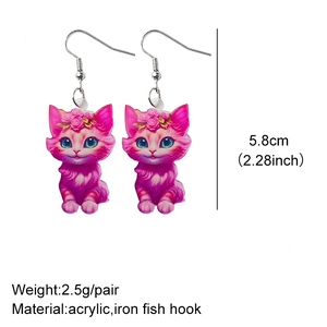 Detail view of pink acrylic cat earrings showing dimensions and lightweight fish hook design